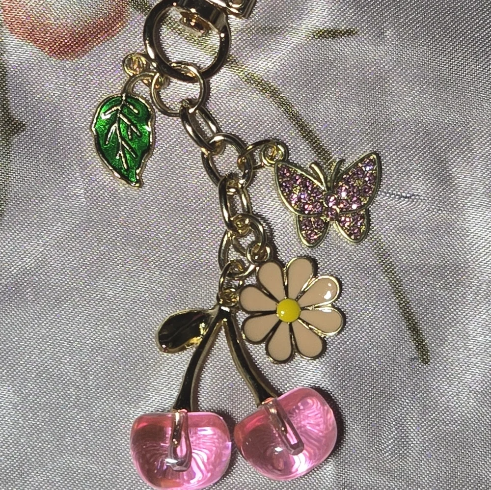 cherry and Floral bagcharm with Pink and Gold Accents